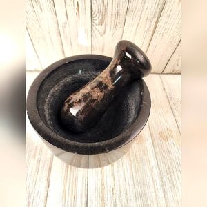 Beautiful Solid Black Charcoal Marble Mortar and Pestle Set 4" Tall 5.5" Wide